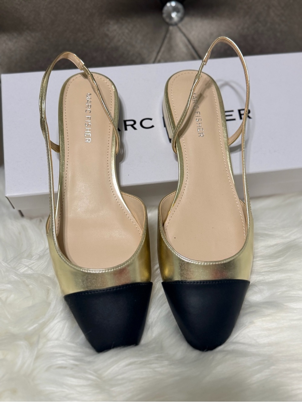 Marc Fisher Metallic Gold Slingback Flats with Black Cap Toe